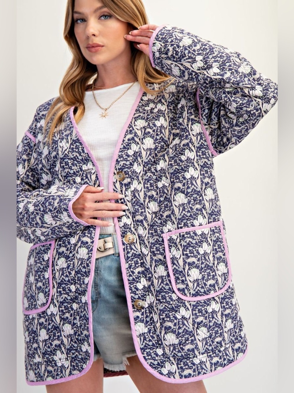 Easel Blueberry Cotton Print Quilted Jacket - Picture 3 of 4